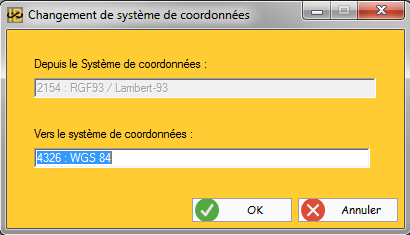 Fenêtre de conversion de coordonnées