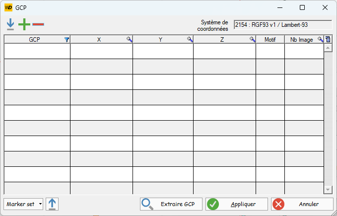 Fenêtre de gestion des GCPs