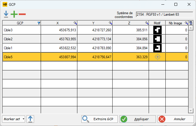 Fenêtre de gestion des GCPs